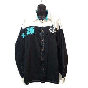 Bare Fox Men's Black White Embroidered Button Down Shirt Long Sleeve Size 2XL
